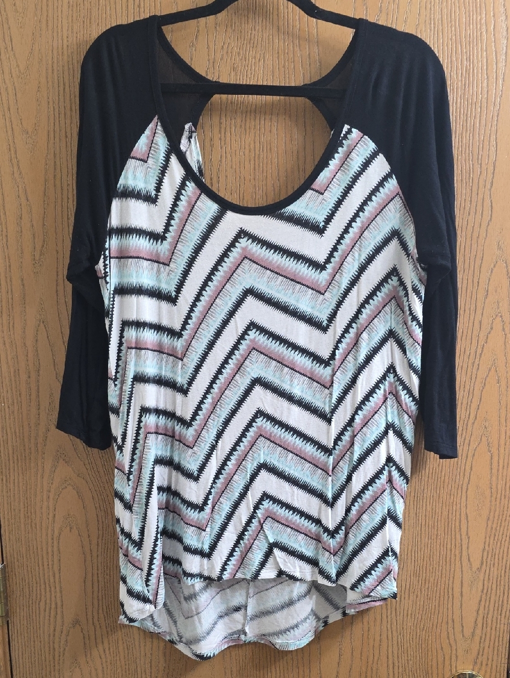 Chevron Print Raglan Tunic with Back Cutout - Black & Pastel